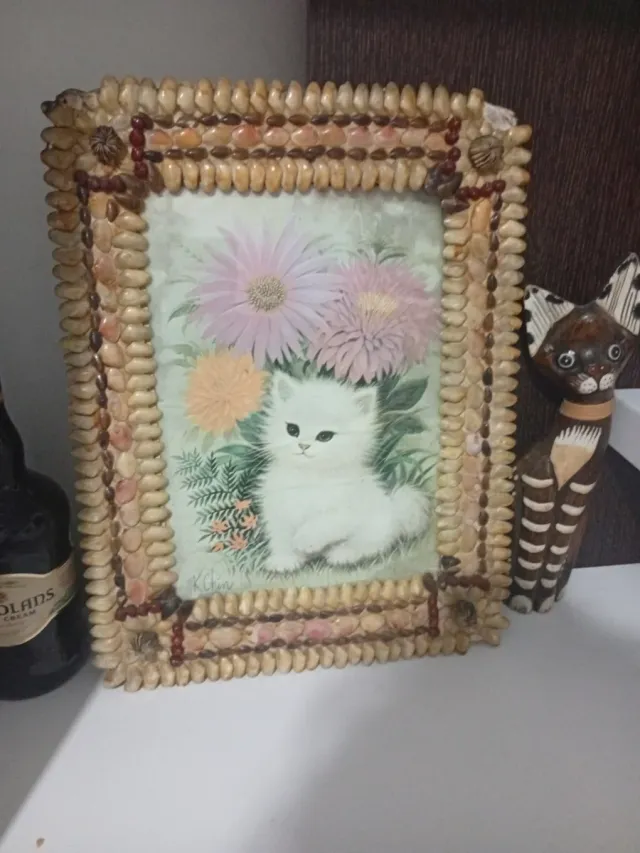 Cuadro Antiguo K Chin Gato Flores