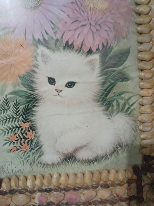 Cuadro Antiguo K Chin Gato Flores