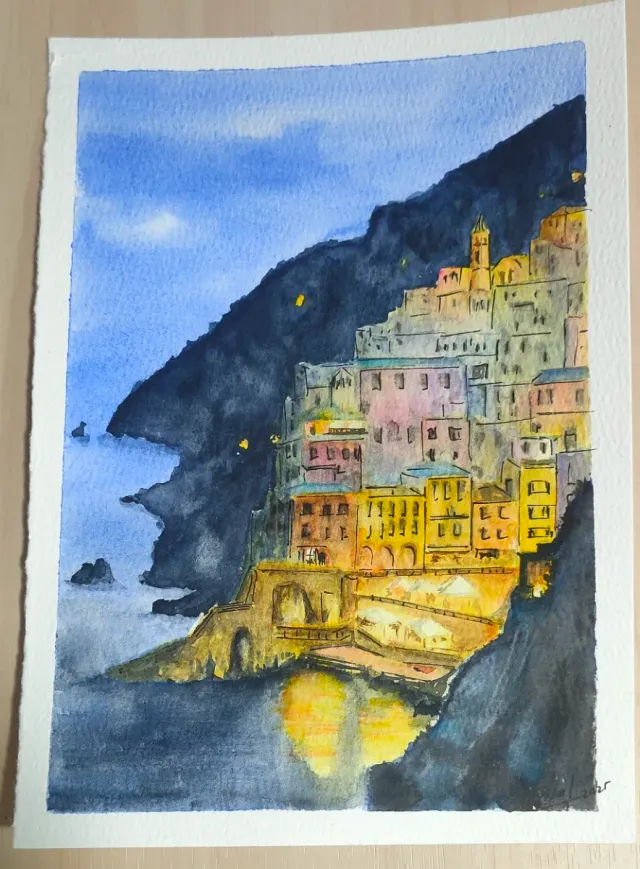 Acuarela pintada a mano: Paisaje Costero