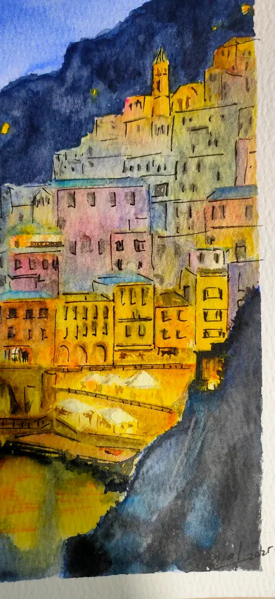 Acuarela pintada a mano: Paisaje Costero