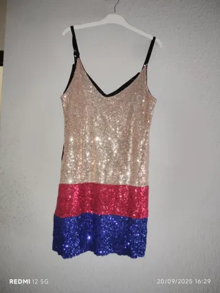 Vestido lentejuelas dorado, rojo y azul