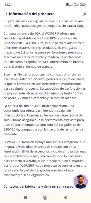 Taladro Percutor Inalámbrico WORGRIP 20V