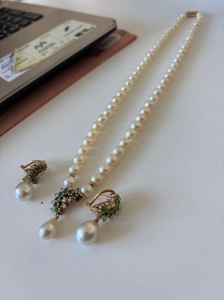 Conjunto Oro 18k Perlas, Esmeraldas y Diamantes