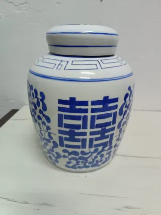 Bote de porcelana china azul y blanco vintage