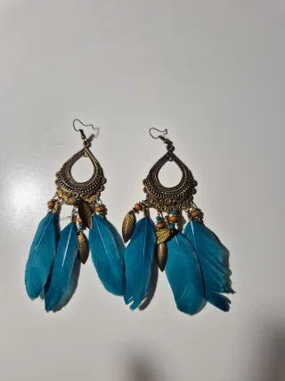 Pendientes largos plumas azul y dorado