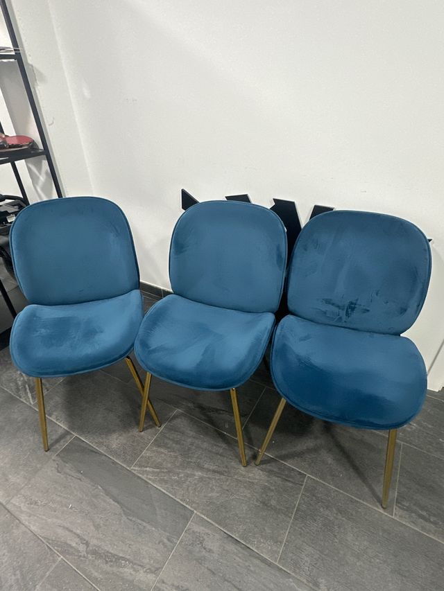 Juego de 3 sillas de terciopelo azul