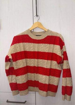 Jersey de punto rayas beige y rojo