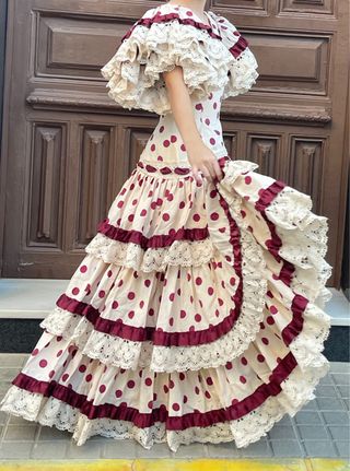 Traje Flamenca Beige/Rojo Talla 34-36