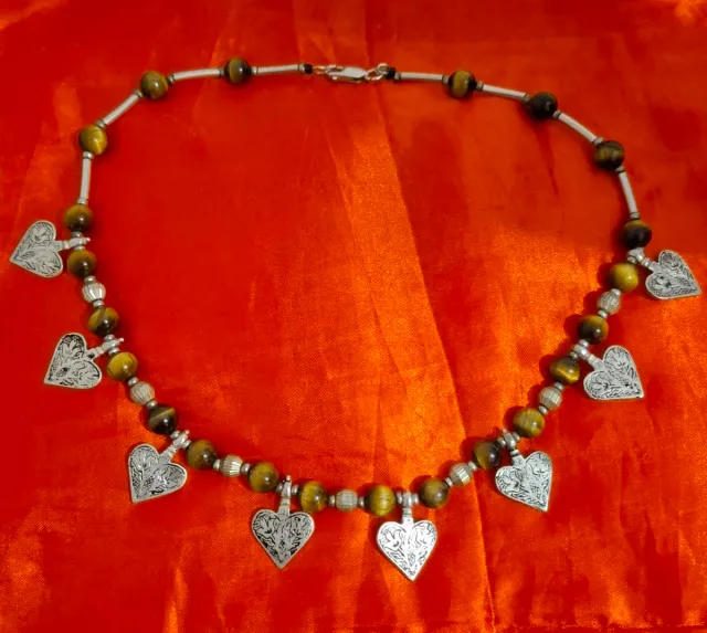 Collar de Plata 925 Ojo de Tigre Corazones