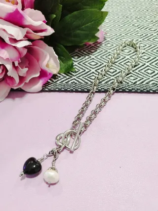 Collana acciaio con ciondoli cuore e perla
