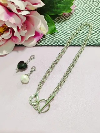 Collana acciaio con ciondoli cuore e perla