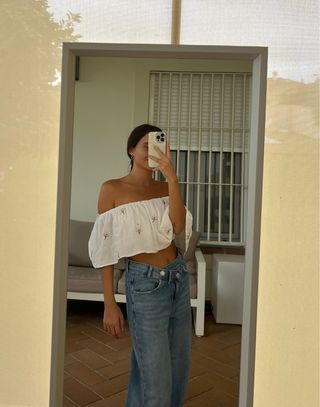 Top Zara crop blanco volante multiposición 