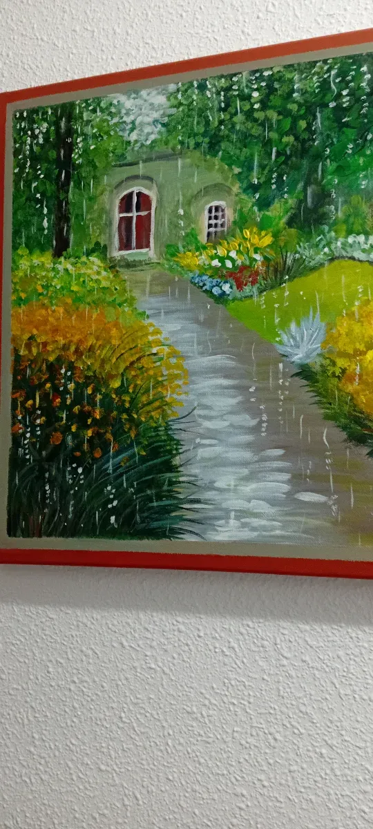 Cuadro paisaje jardín lluvia acrílico