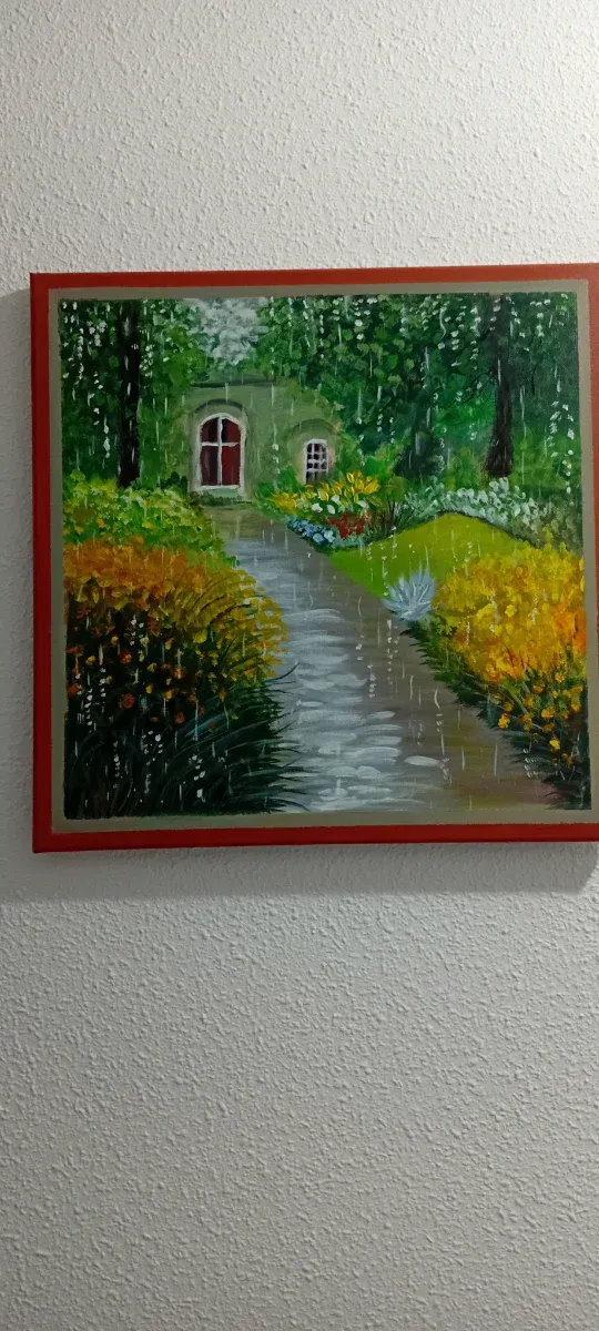 Cuadro paisaje jardín lluvia acrílico
