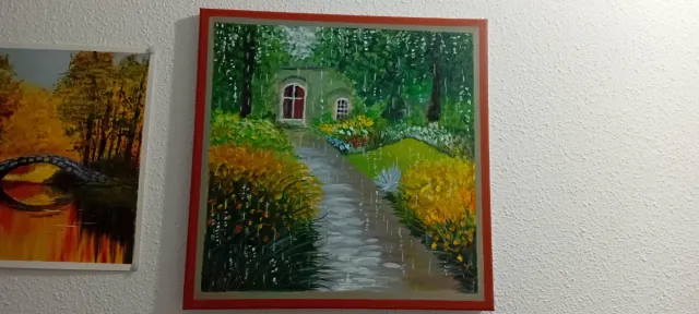 Cuadro paisaje jardín lluvia acrílico