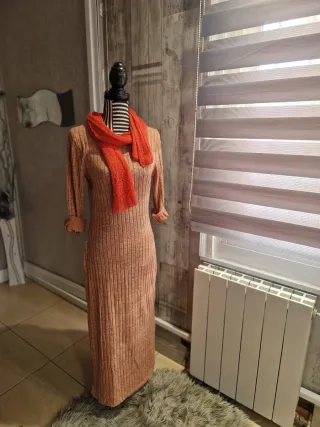 Vestido largo de punto naranja/rosa