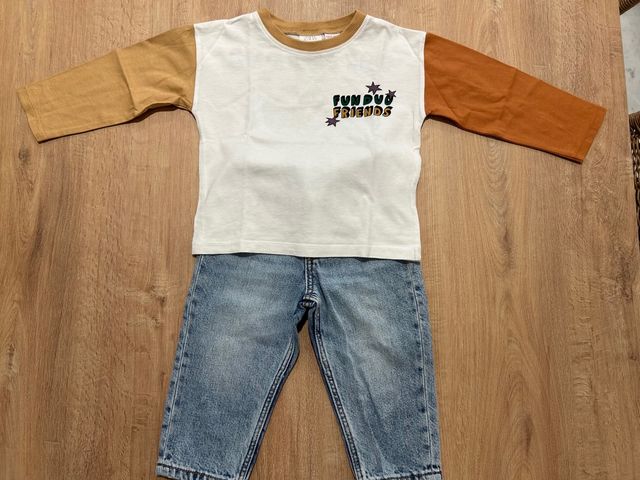 Conjunto Zara, camiseta y pantalón vaquero niño