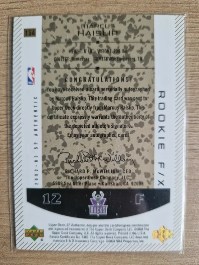 Marcus Haislip 03/50 Autografiada Milwaukee Bucks