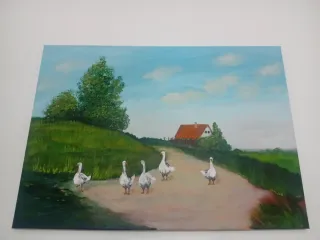 Cuadro paisaje rural con ocas