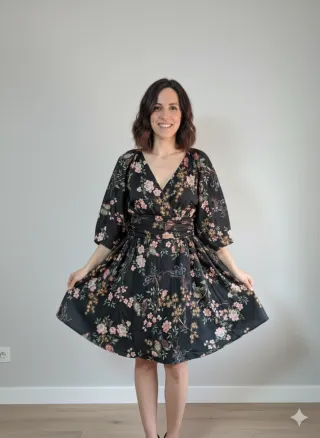 Vestido corto floral negro y rosa
