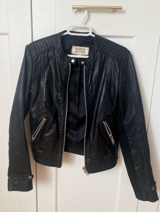 Cazadora Piel Negra Mango Talla XS