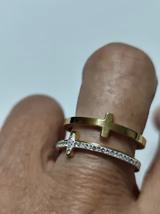 Anillo doble acero dorado y circonitas