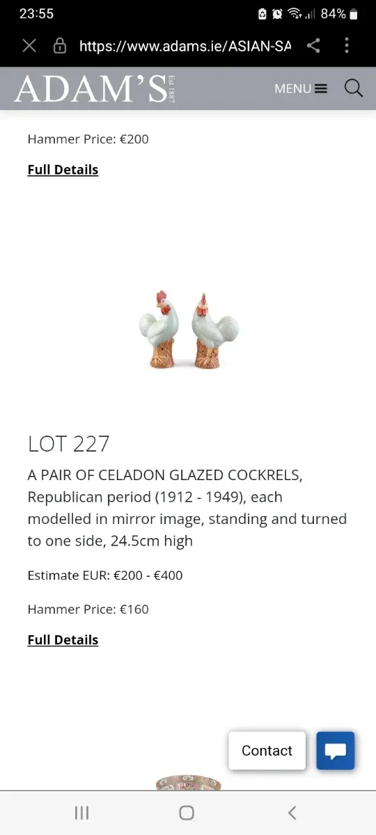 Pareja de Gallos Celadon Glazed
