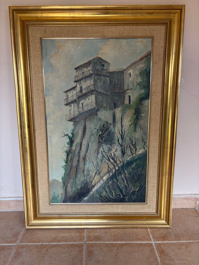 Cuadro antiguo óleo paisaje pueblo