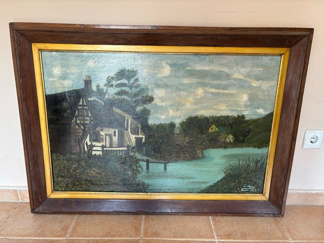 Cuadro antiguo paisaje con casa y río