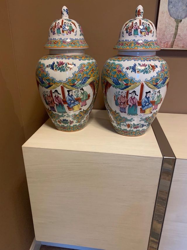 2 Jarrones Tibor Chinos Porcelana Multicolor