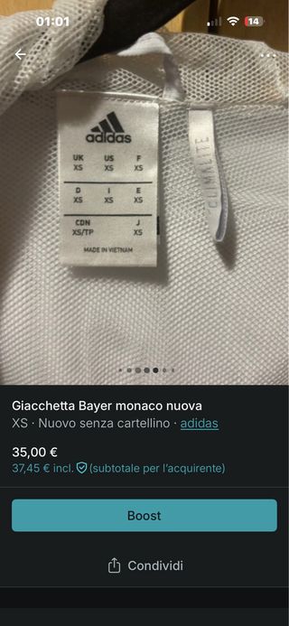 Giacca sportiva Adidas Bayer Monaco XS