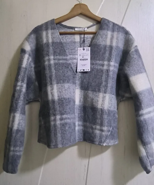 Jersey Zara Cuadros Gris Talla S
