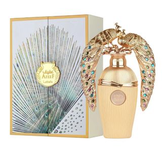 Perfume Lattafa Aféef Dorado con Pavos Reales
