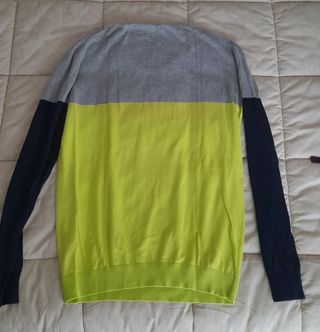 Maglione uomo color block blu, grigio e giallo