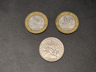 Lote 3 Monedas: 1 y 10 Francos Franceses Colección