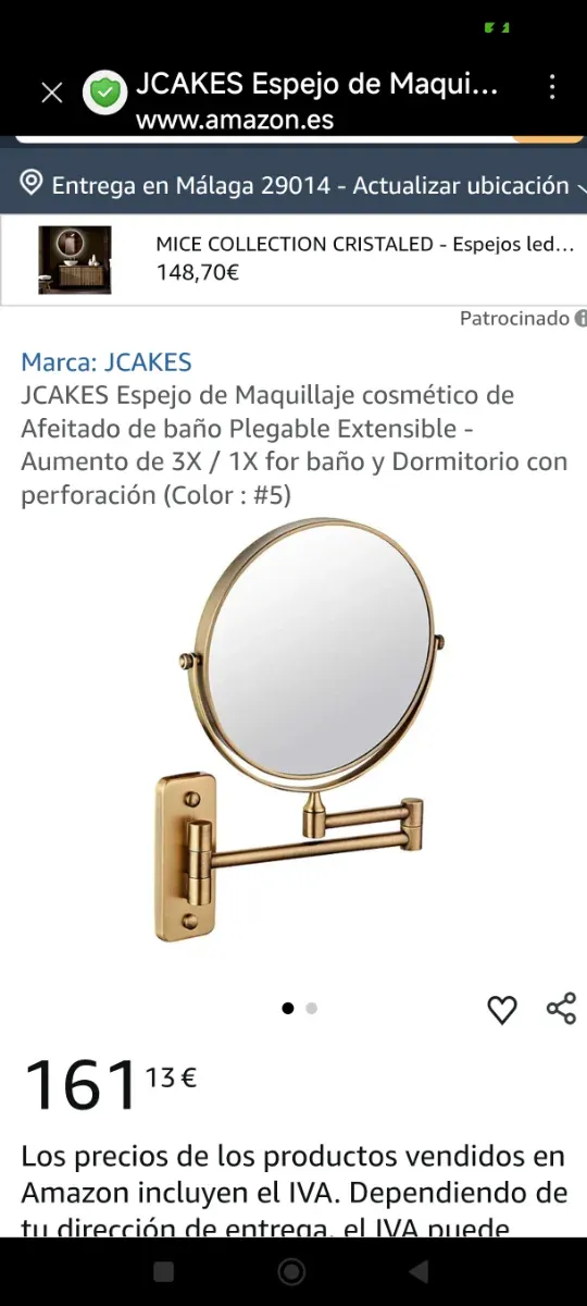 Espejo de aumento brazo extensible dorado