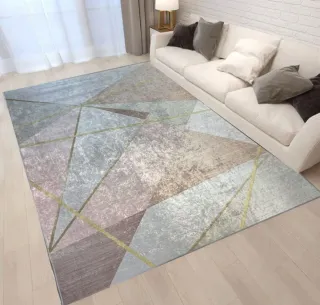 Alfombra geométrica salón gris y rosa