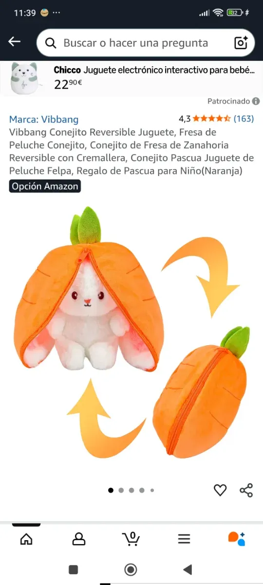 Peluche Conejito Reversible Zanahoria nuevo
