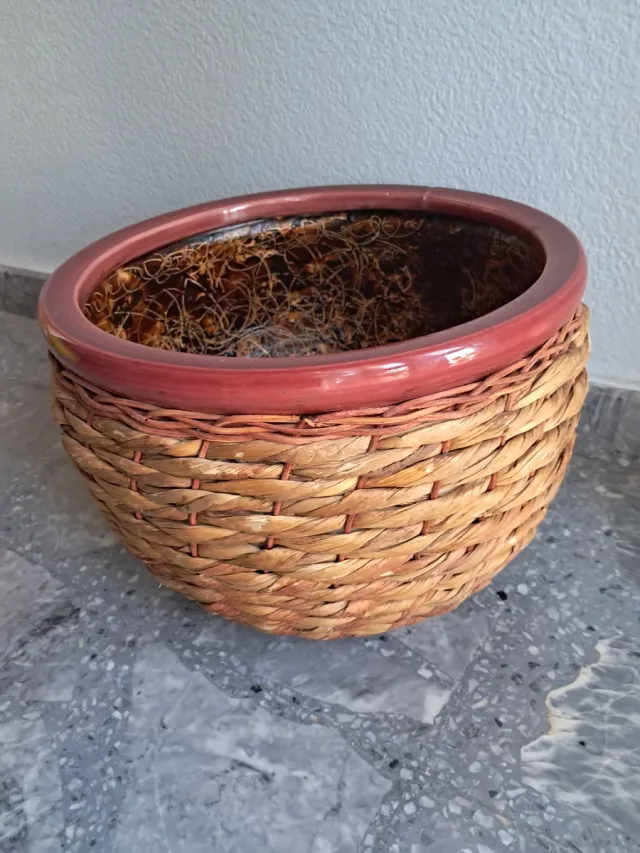 Cuenco grande plantas cerámica y mimbre