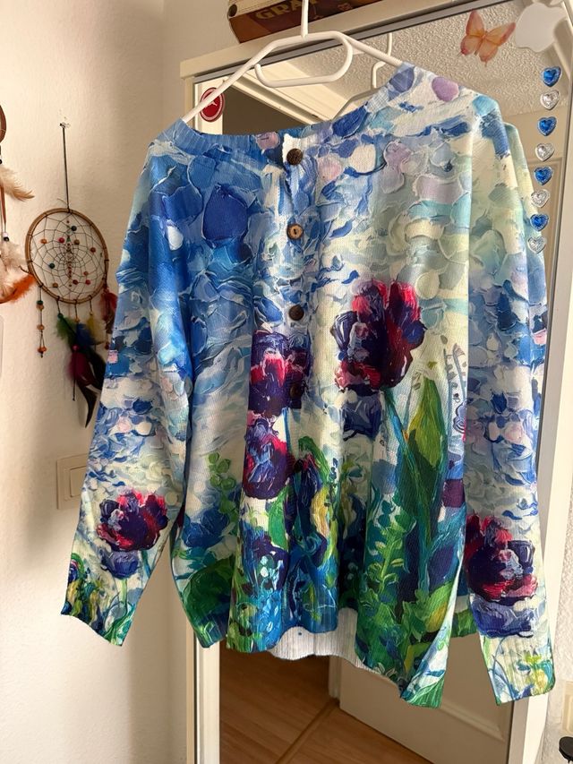 Chaqueta fina floral azul multicolor XL