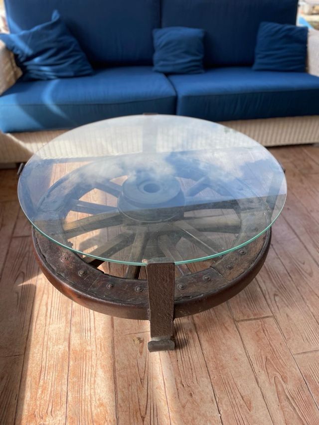 Mesa Rueda Antigua Madera y Cristal