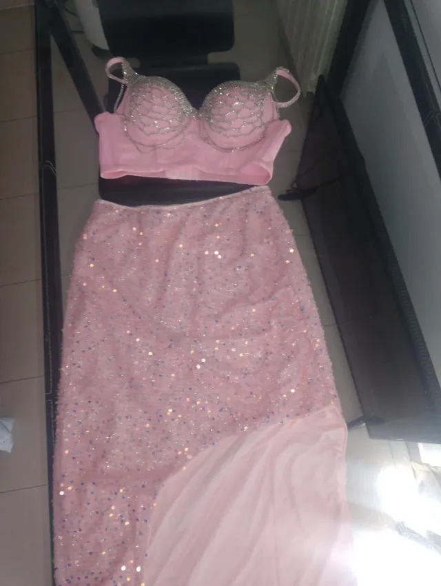 Conjunto Vestido Brillo Boda Gitana Rosa