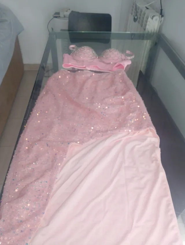 Conjunto Vestido Brillo Boda Gitana Rosa