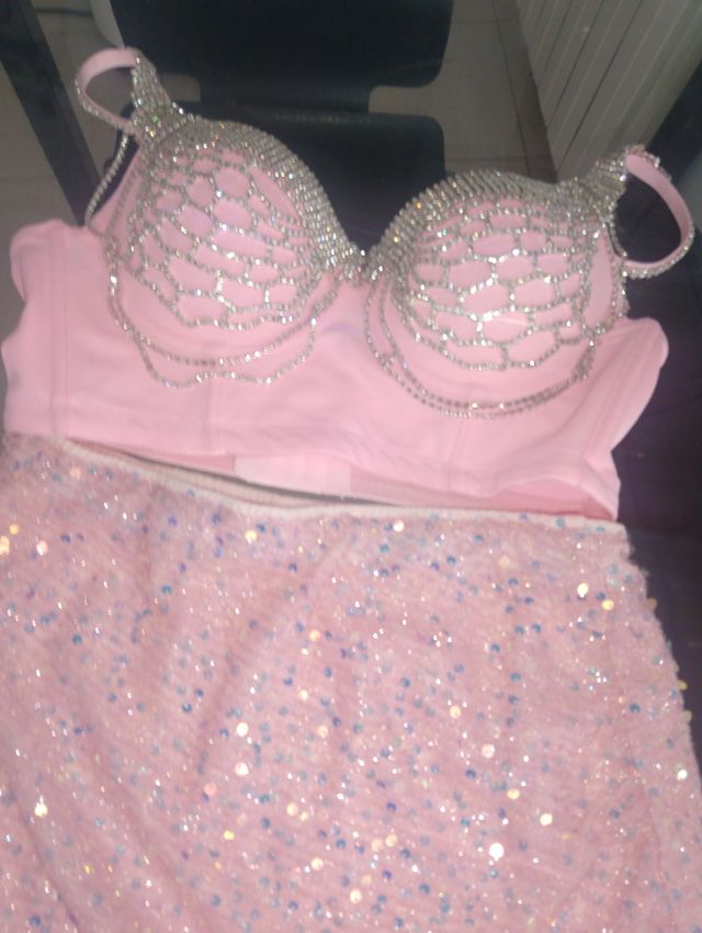 Conjunto Vestido Brillo Boda Gitana Rosa