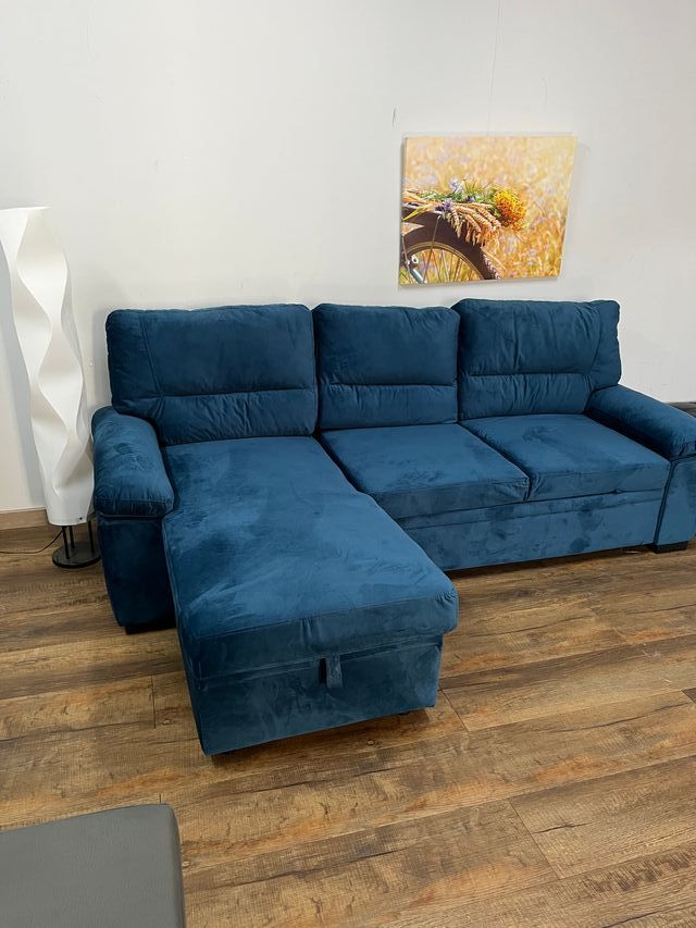 Sofá Cama Chaise Longue Azul Terciopelo