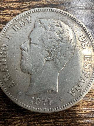 Moneda 5 Pesetas Plata 1871 Amadeo I * 74