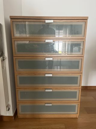 Cómoda 6 cajones madera y cristal