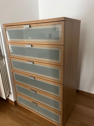 Cómoda 6 cajones madera y cristal