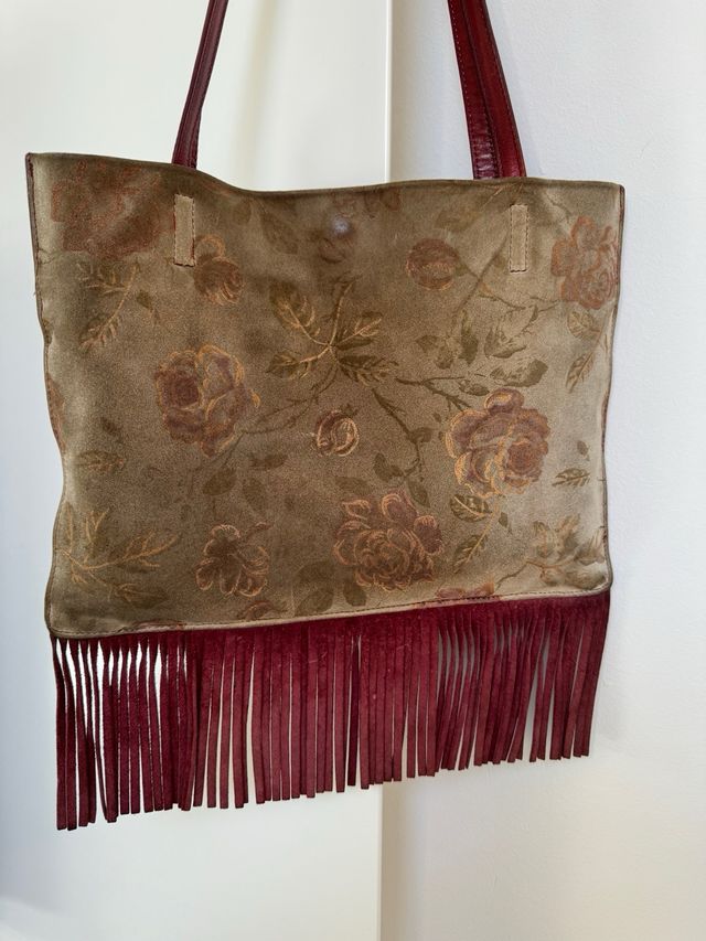 Borsa camoscio vintage fiori frange