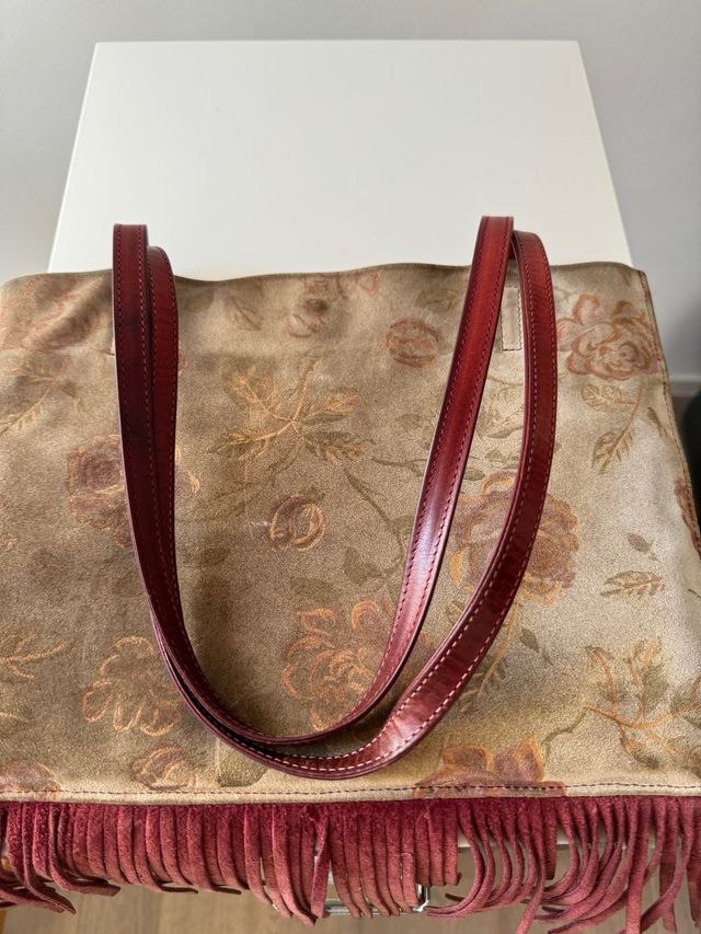 Borsa camoscio vintage fiori frange